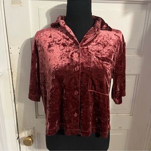 Stars Above Crushed Velvet Button Down Sleep Top in Burgundy